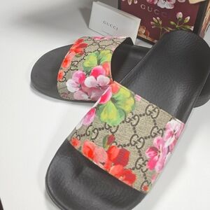 Gucci Women's Floral Slide Sandals - Black and Multicolor - Authentic